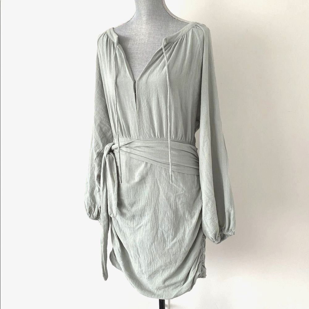 Free People Sage Green Open Back Long Sleeve Mini Dress Tie Belt Buttons closer - Picture 2 of 16